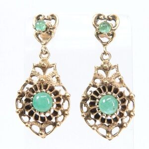 Vintage 14K Yellow Gold Cabachon Emerald Drop Earrings